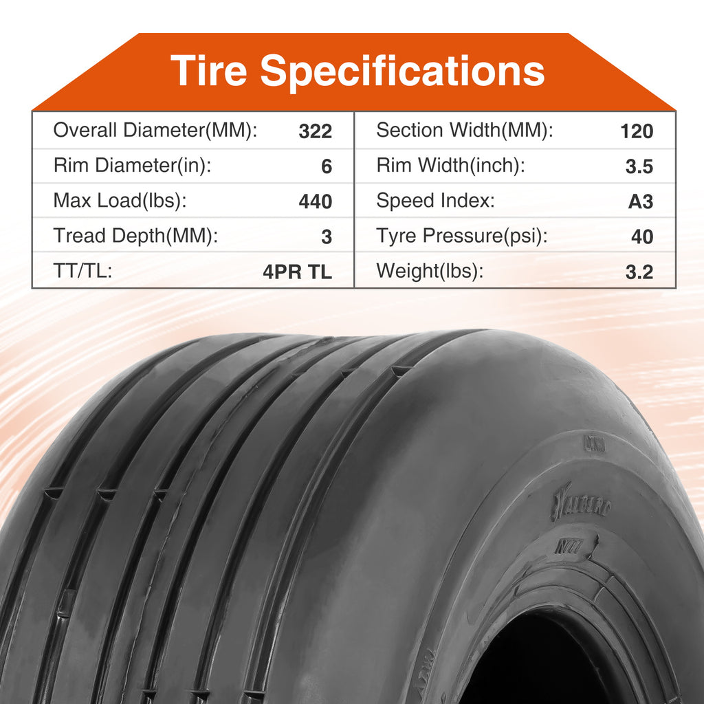 HALBERD P508 13x5.00-6 Lawn Mower Tires 4PR Straight Rib Tread Turf Friendly Lawn Tires, 13x5x6 Lawn Garden Utility Cart Tires, Tubeless, Set of 2