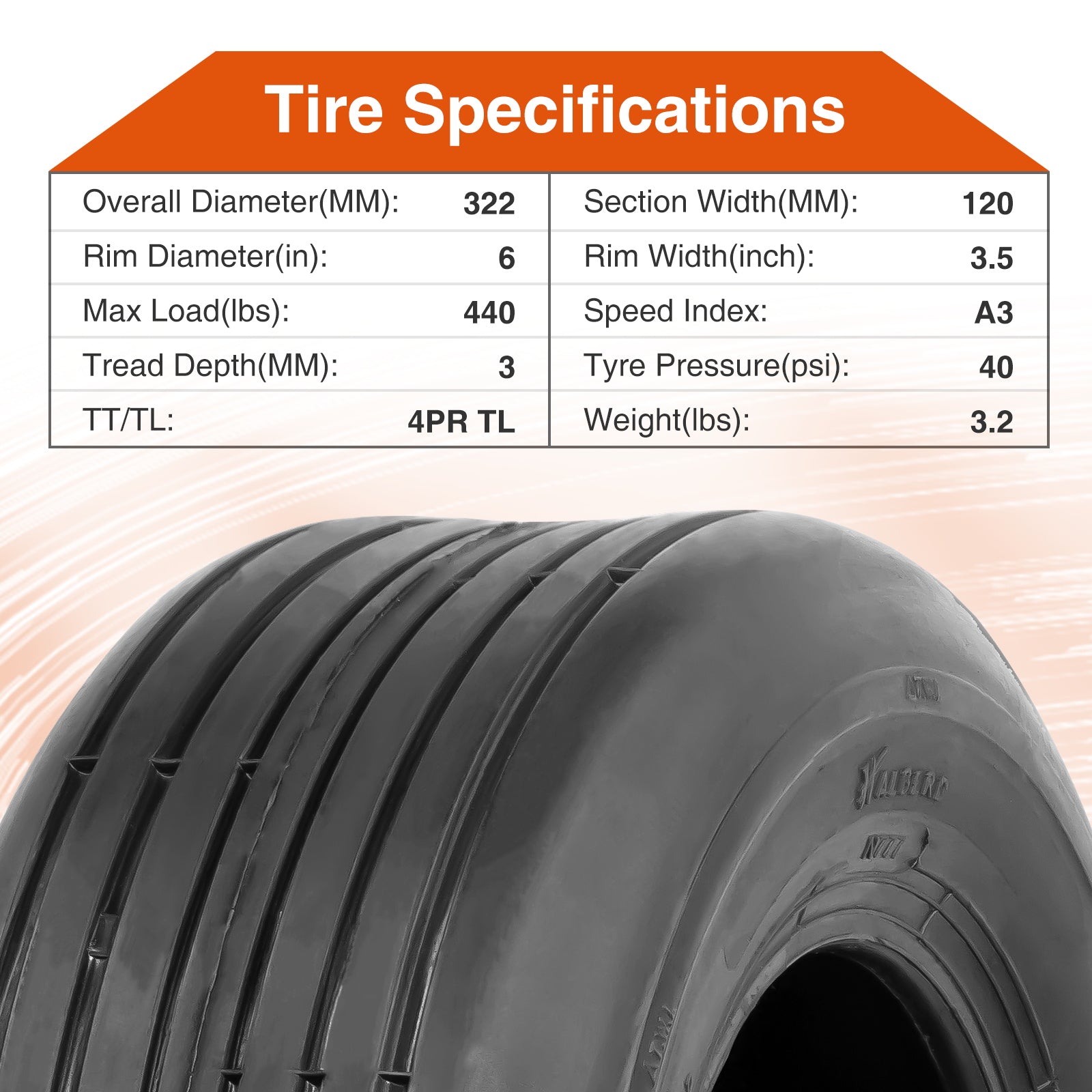 HALBERD P508 13x5.00-6 Lawn Mower Tires 4PR Straight Rib Tread Turf Friendly Lawn Tires, 13x5x6 Lawn Garden Utility Cart Tires, Tubeless, Set of 2