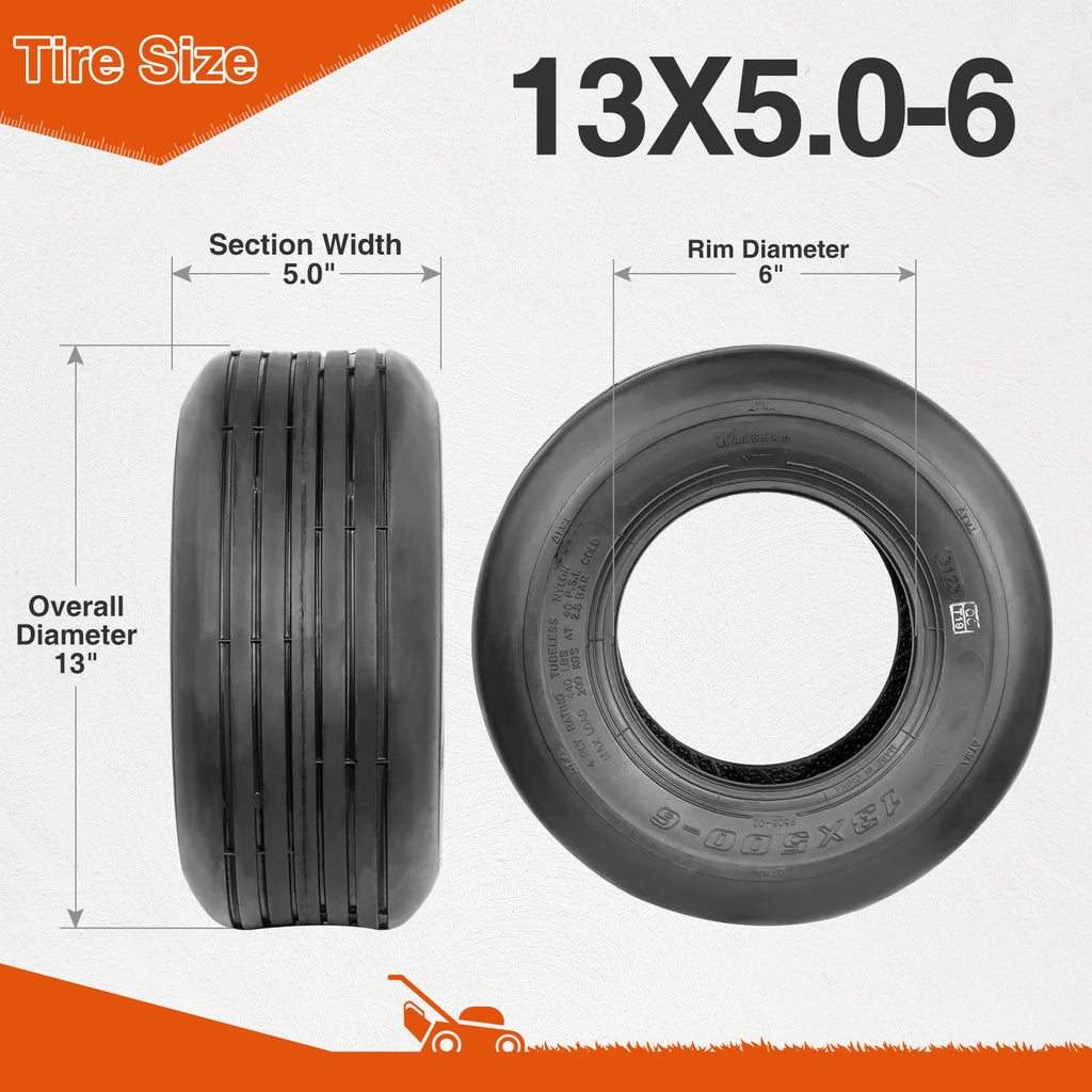 HALBERD P508 13x5.00-6 Lawn Mower Tires 4PR Straight Rib Tread Turf Friendly Lawn Tires, 13x5x6 Lawn Garden Utility Cart Tires, Tubeless, Set of 2