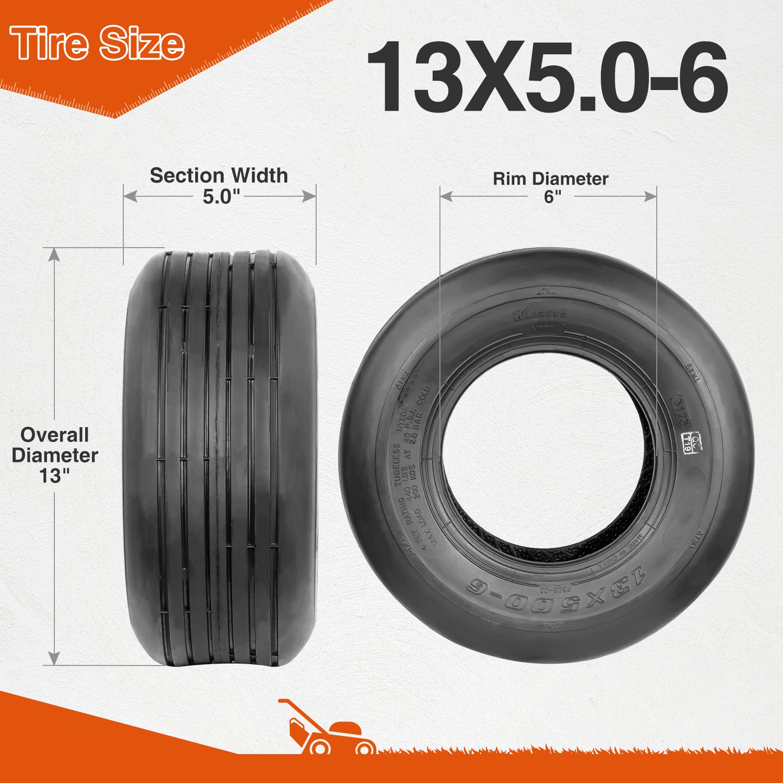 HALBERD P508 13x5.00-6 Lawn Mower Tires 4PR Straight Rib Tread Turf Friendly Lawn Tires, 13x5x6 Lawn Garden Utility Cart Tires, Tubeless, Set of 2