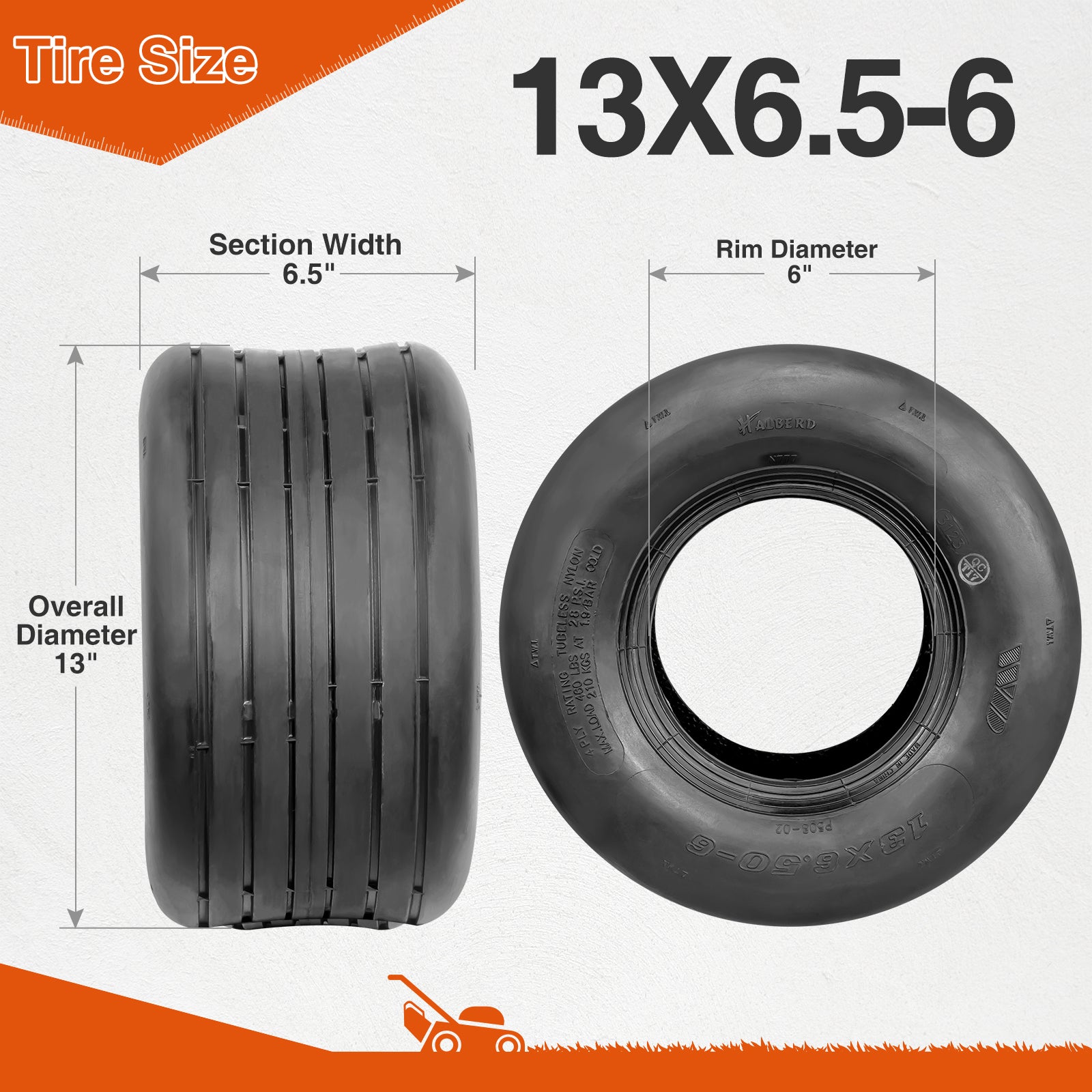 HALBERD P508 13x6.50-6 Lawn Mower Tires 4PR Straight Rib Tread Turf Friendly Lawn Tires, 13x5x6 Lawn Garden Utility Cart Tires, Tubeless, Set of 2（副本）