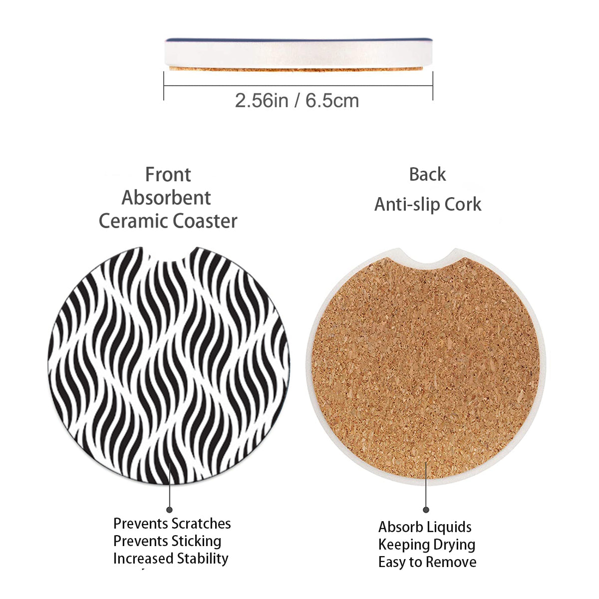 Car Coasters 2 Pack for Cup Holders, 2.56" Ceramic Stone & Non-Scratch Cork Base Drink Coasters