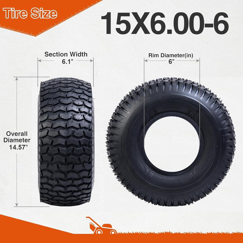 HALBERD P5094 Set of 2 Lawn Mower Tires 15x6.00-6 4PR Turf Friendly Garden Tractor Tires Self-Cleaning Excellent Traction for Optimal Performance, Tubeless