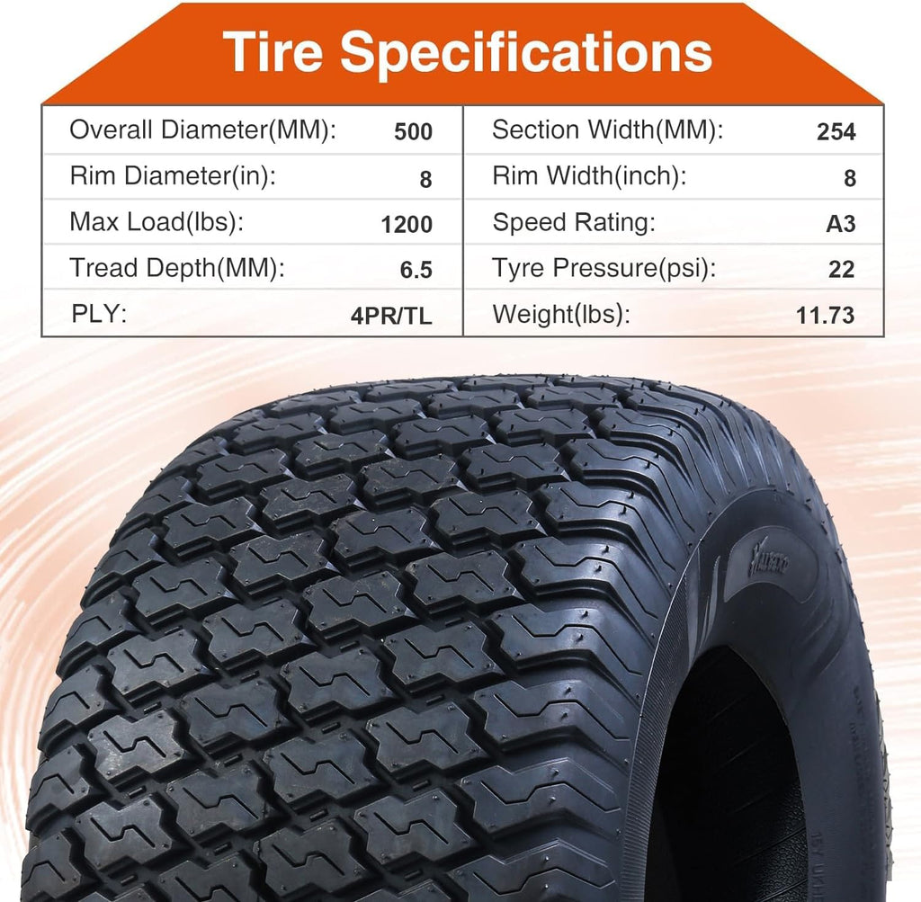 HALBERD P5092 20x10.00-8 Lawn Mower Tires 4PR Turf Friendly Garden Tractor Tires Enhanced Traction & Durability for Optimal Performance, Tubeless, Set of 2