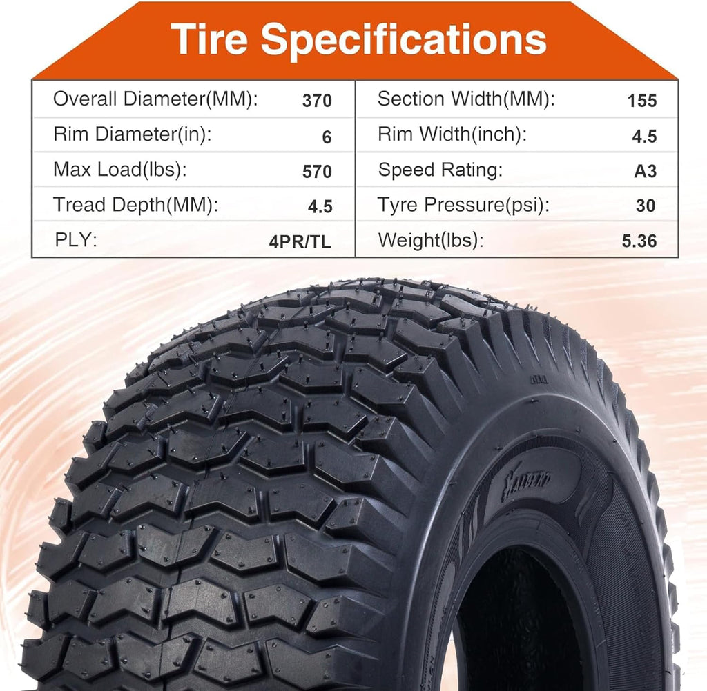 HALBERD P5094 Set of 2 Lawn Mower Tires 15x6.00-6 4PR Turf Friendly Garden Tractor Tires Self-Cleaning Excellent Traction for Optimal Performance, Tubeless