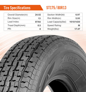 HALBERD Set 4 Premium Trailer Tires ST175/80R13 8PR Load Range D 175 80 13 Radial Trailer Tires Improve Traction in all-road conditions