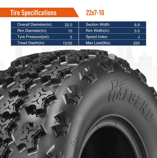 HALBERD 4 Ply 22x7-10 ATV Tires 22 7 10 Sport Quad Front Tires Fit All 10” Rims Tubeless Replacement Tire Set Of 2