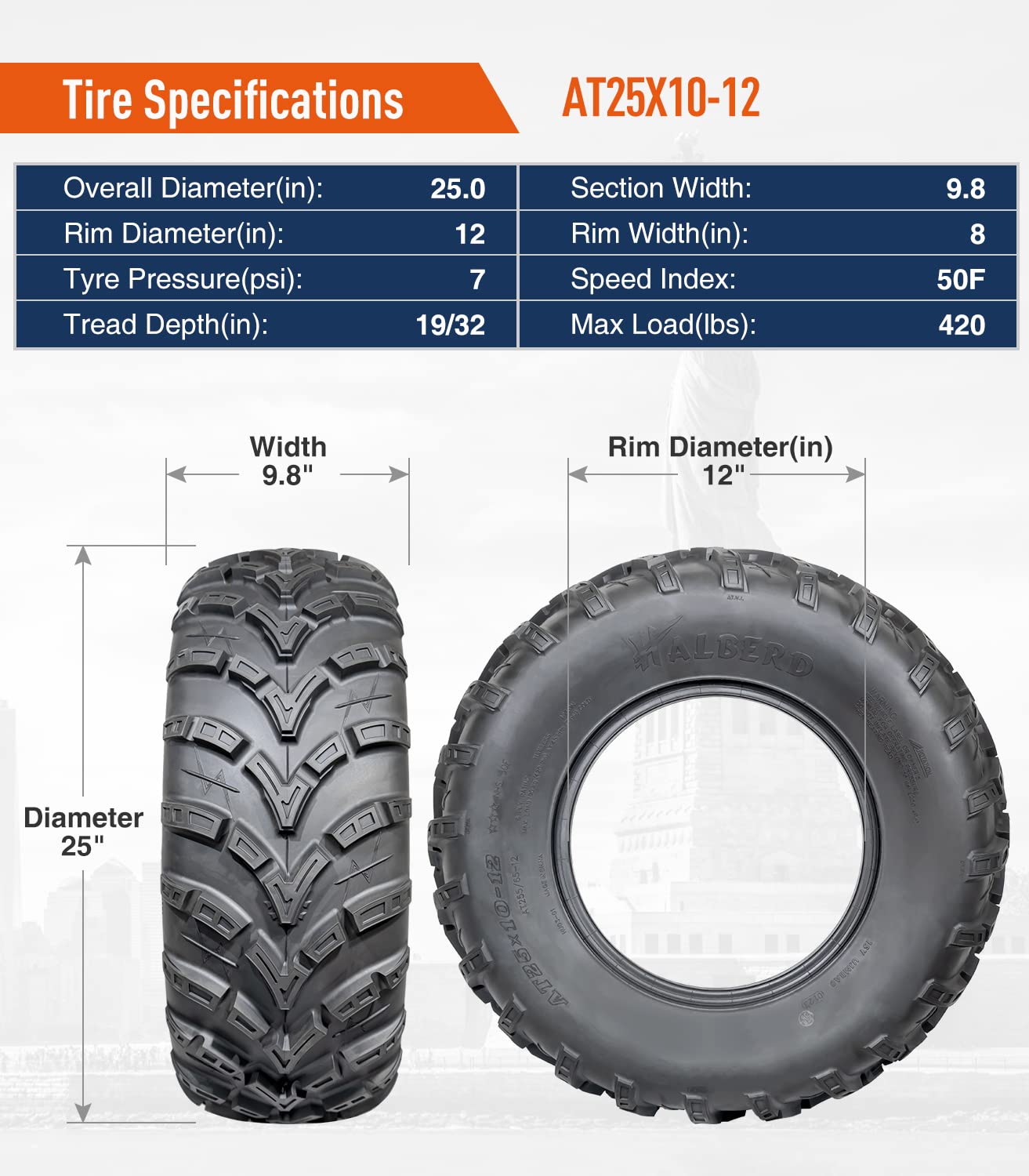 Halberd HU03 6PR ATV/UTV Tires 25x8-12 Front & 25x10-12 Rear